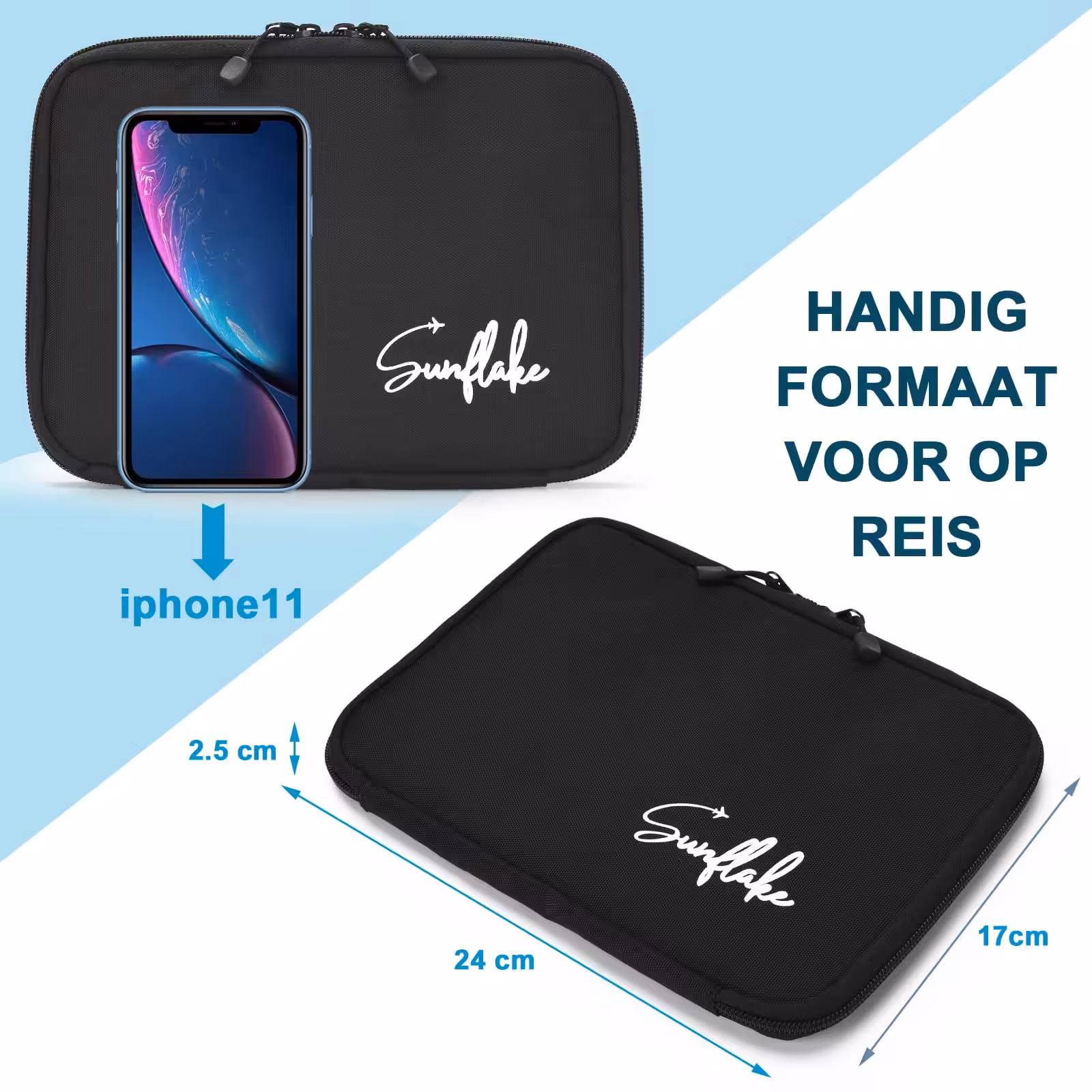 Kabel Organizer Tas - Reis Opbergtas voor Kabels - Zwart Sunflake Kabel Organizer afmetingen